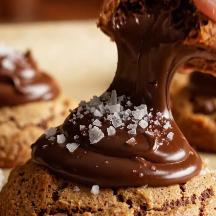 Giant chocolate chip cookie broken in half, showing gooey melted chocolate and a soft center