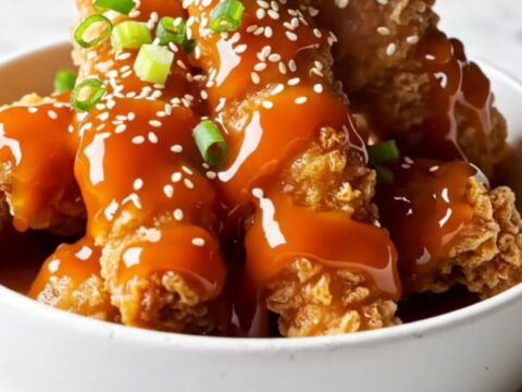 Crispy chicken tenders tossed in honey sriracha glaze, garnished with sesame and scallions.