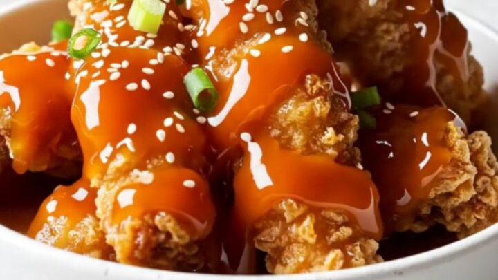 Crispy chicken tenders tossed in honey sriracha glaze, garnished with sesame and scallions.