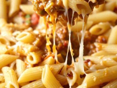 One-pan roasted vegetable and meatball mashed penne ragù in a skillet, topped with parsley