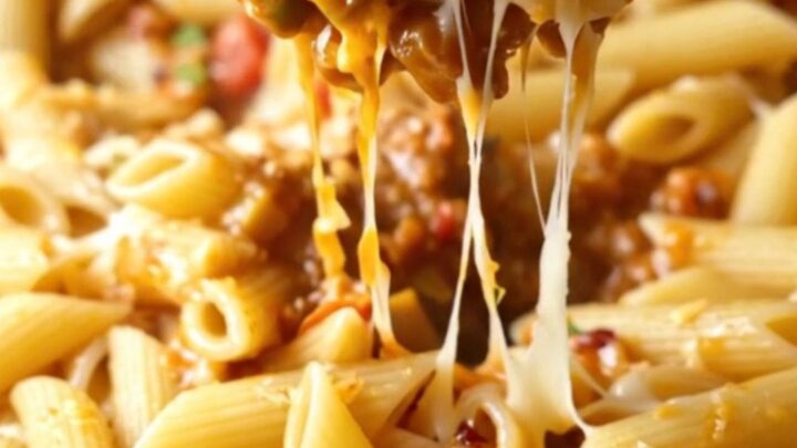 One-pan roasted vegetable and meatball mashed penne ragù in a skillet, topped with parsley