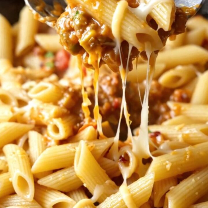 One-pan roasted vegetable and meatball mashed penne ragù in a skillet, topped with parsley