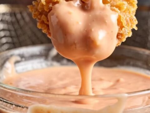Golden crispy chicken fingers with a side of pink dipping sauce on a wooden board