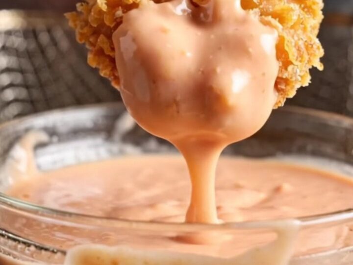 Golden crispy chicken fingers with a side of pink dipping sauce on a wooden board