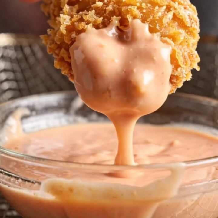 Golden crispy chicken fingers with a side of pink dipping sauce on a wooden board
