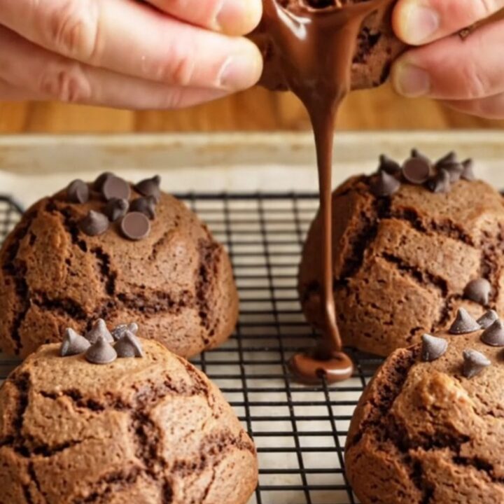 Giant double chocolate chip cookies stacked on a plate, showing gooey chocolate centers