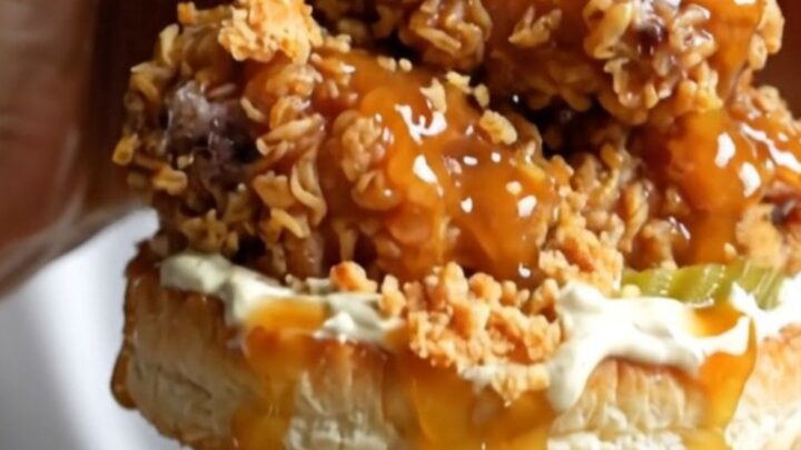 A towering fried chicken sandwich with honey chipotle glaze dripping over the crispy crust