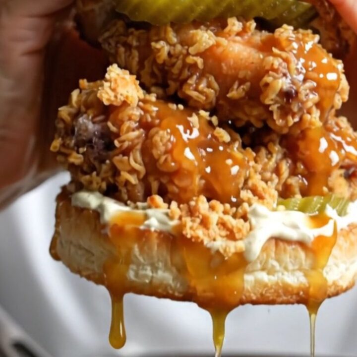 A towering fried chicken sandwich with honey chipotle glaze dripping over the crispy crust