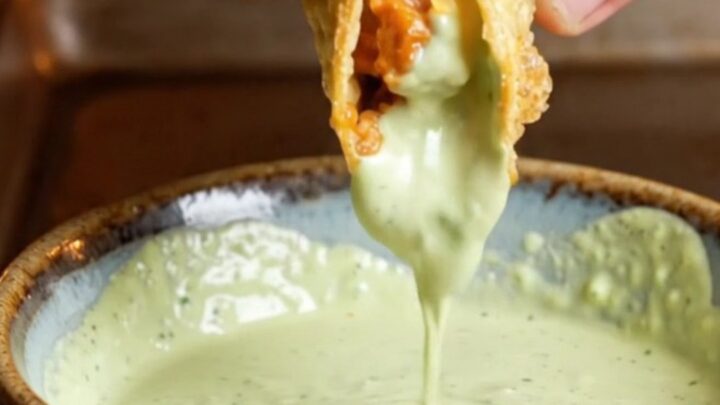 Golden crispy oven-baked chicken tacos on a baking sheet, with a bowl of cilantro crema for dipping.