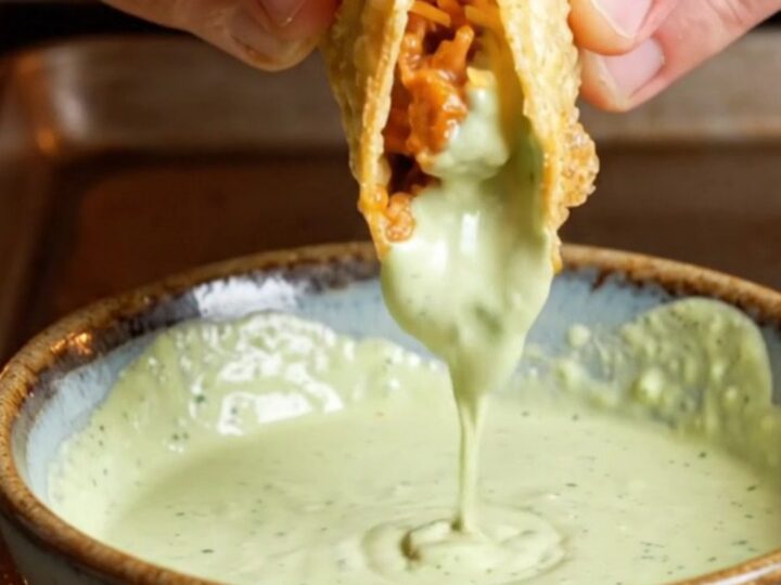 Golden crispy oven-baked chicken tacos on a baking sheet, with a bowl of cilantro crema for dipping.