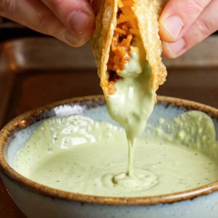 Golden crispy oven-baked chicken tacos on a baking sheet, with a bowl of cilantro crema for dipping.