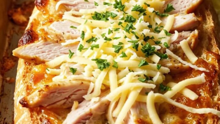 Cheesy chicken alfredo garlic bread with melted mozzarella pull, on a baking sheet