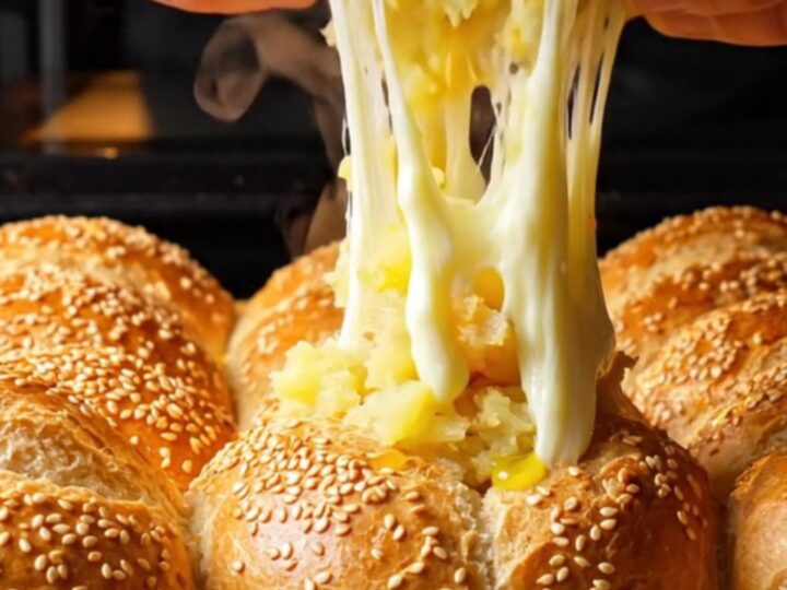 Golden-brown poğaça buns on a baking sheet, one torn open showing cheesy potato filling