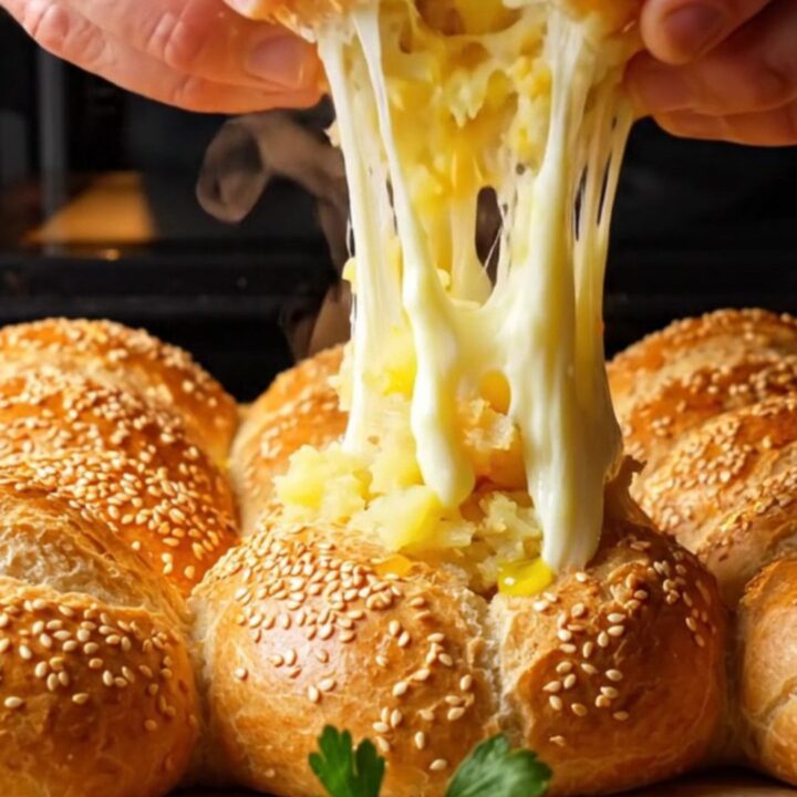 Golden-brown poğaça buns on a baking sheet, one torn open showing cheesy potato filling