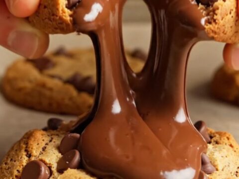 Thick NYC-style chocolate chip cookie broken open showing molten chocolate and gooey center
