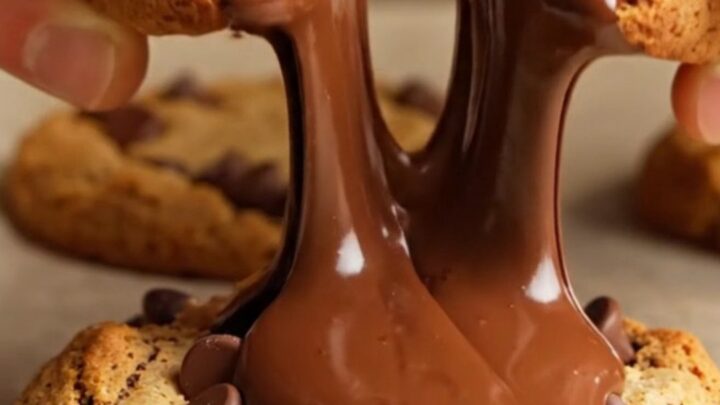 Thick NYC-style chocolate chip cookie broken open showing molten chocolate and gooey center