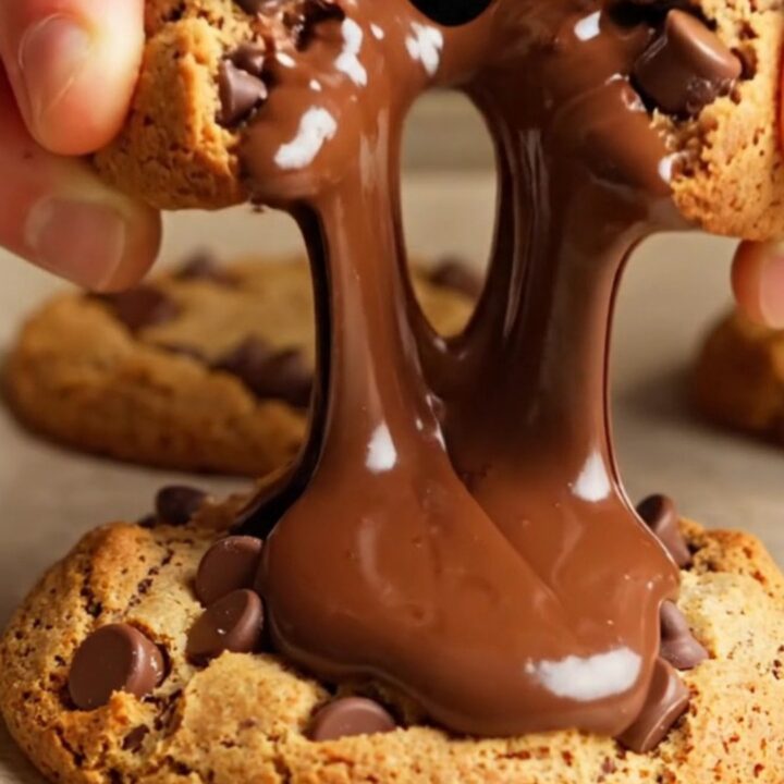 Thick NYC-style chocolate chip cookie broken open showing molten chocolate and gooey center