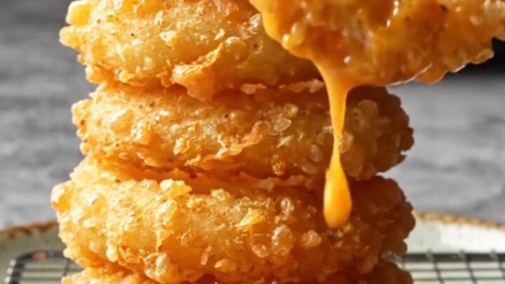 Golden crispy onion rings piled on a plate with a bowl of spicy remoulade sauce.