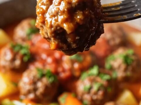 A deep bowl of grated onion meatball stew with potatoes, carrots, and peppers in rich tomato broth, garnished with parsley.