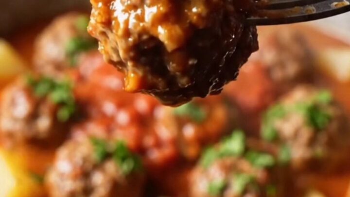 A deep bowl of grated onion meatball stew with potatoes, carrots, and peppers in rich tomato broth, garnished with parsley.