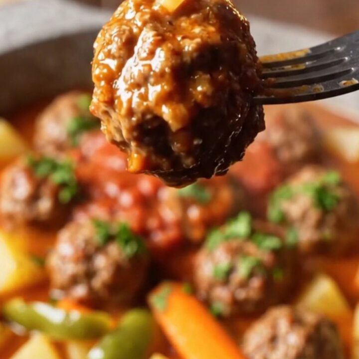 A deep bowl of grated onion meatball stew with potatoes, carrots, and peppers in rich tomato broth, garnished with parsley.