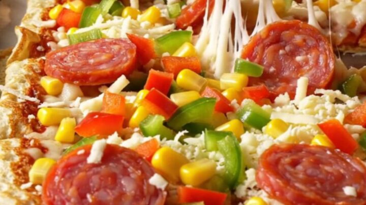 Golden sheet pan crepe pizza squares with melted mozzarella, sucuk, corn, and peppers on a parchment-lined pan.