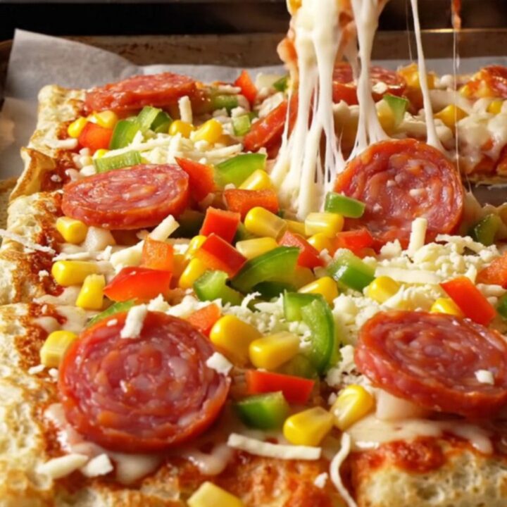 Golden sheet pan crepe pizza squares with melted mozzarella, sucuk, corn, and peppers on a parchment-lined pan.