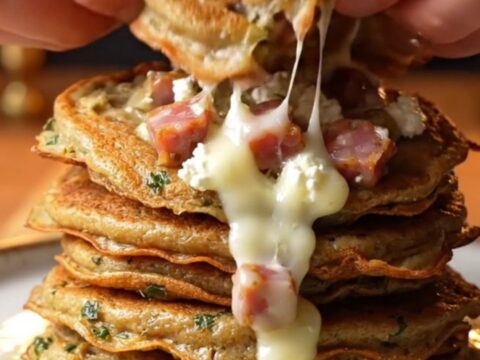 Stack of golden savory pancakes with melted feta and sucuk, garnished with fresh dill