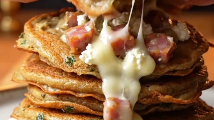 Stack of golden savory pancakes with melted feta and sucuk, garnished with fresh dill