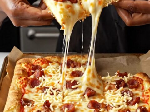 Golden sheet pan pizza cut into squares with melted cheese and crispy sucuk