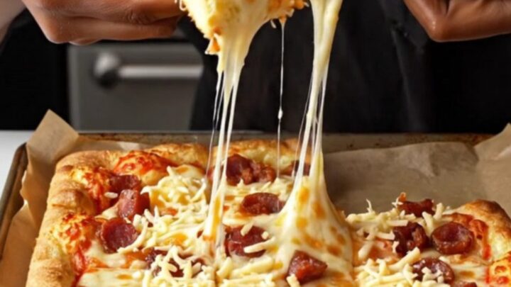 Golden sheet pan pizza cut into squares with melted cheese and crispy sucuk