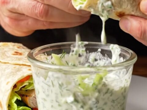 Golden Greek chicken wraps sliced in half, showing charred chicken, Greek salad, and creamy tzatziki
