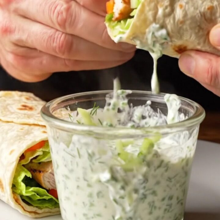 Golden Greek chicken wraps sliced in half, showing charred chicken, Greek salad, and creamy tzatziki