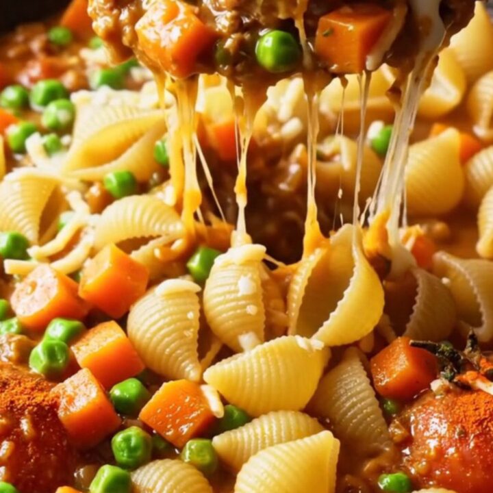 Giant meatball shell pasta in a skillet, topped with melted mozzarella and chopped parsley