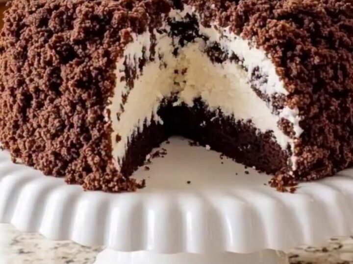 A slice of chocolate crumble cake sitting on a white fluted pedestal on a granite countertop.