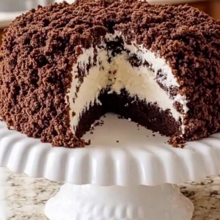 A slice of chocolate crumble cake sitting on a white fluted pedestal on a granite countertop.