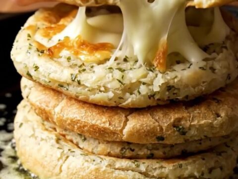 Stack of golden blistered potato herb flatbreads with melted cheese pull
