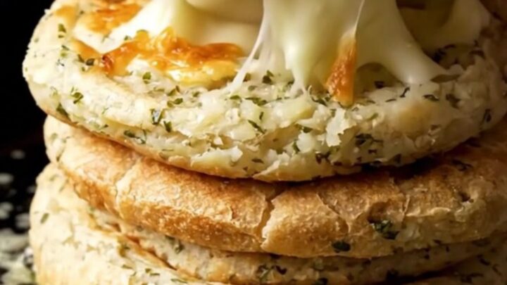 Stack of golden blistered potato herb flatbreads with melted cheese pull