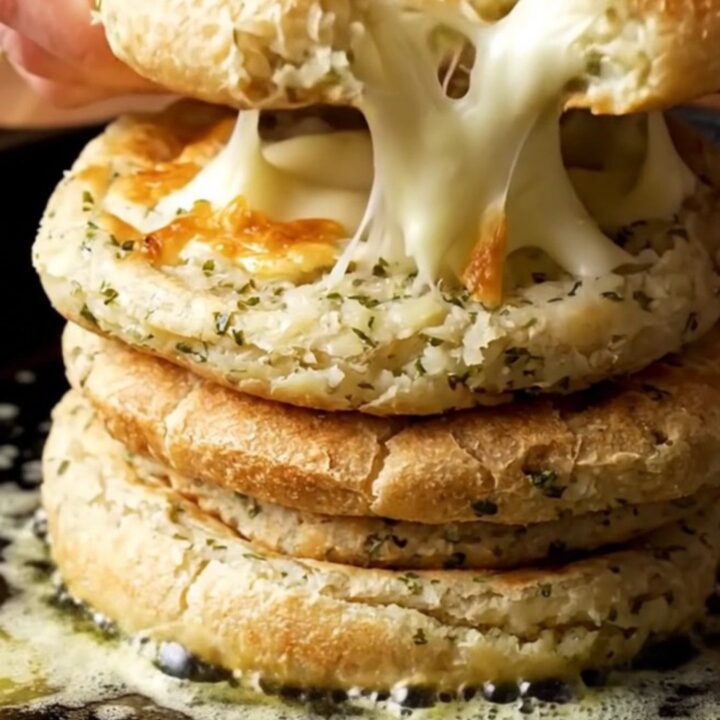 Stack of golden blistered potato herb flatbreads with melted cheese pull