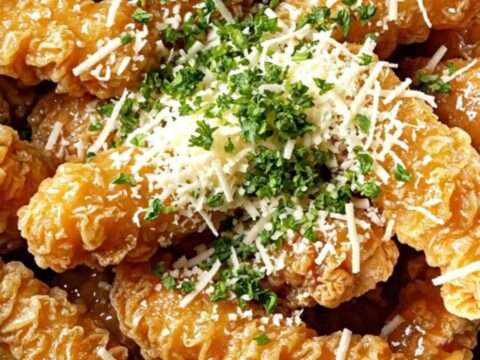 Crispy golden chicken tenders coated in garlic butter and Parmesan, served with creamy chili dip