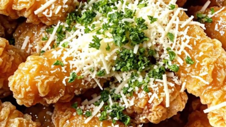 Crispy golden chicken tenders coated in garlic butter and Parmesan, served with creamy chili dip