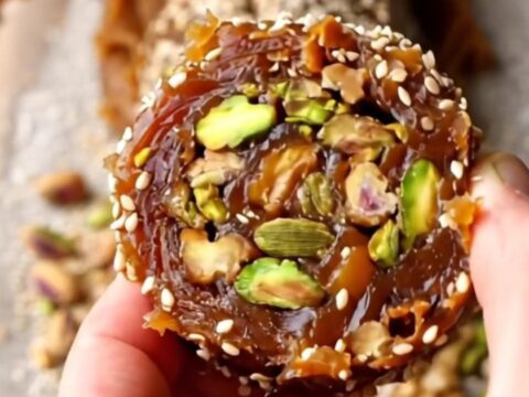Sliced no-bake cardamom date nut rolls on a wooden board, showing pistachio and walnut mosaic