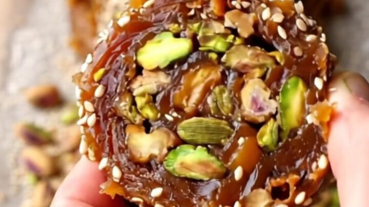 Sliced no-bake cardamom date nut rolls on a wooden board, showing pistachio and walnut mosaic