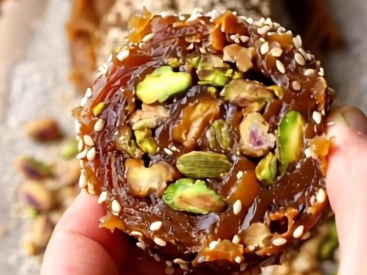 Sliced no-bake cardamom date nut rolls on a wooden board, showing pistachio and walnut mosaic
