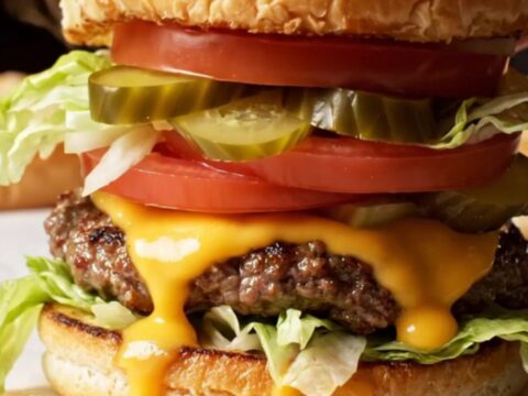 Double-double smash burger with two melted cheese patties, caramelized onions, and spread on a toasted bun