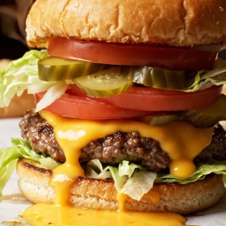 Double-double smash burger with two melted cheese patties, caramelized onions, and spread on a toasted bun