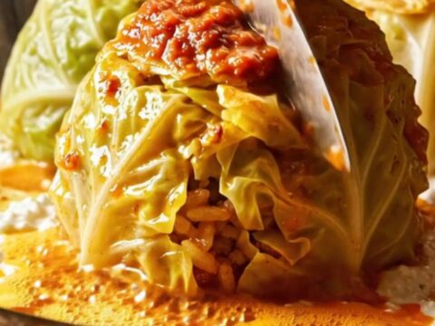 Golden cup-molded Turkish stuffed cabbage rolls on a platter with garlic yogurt and paprika butter