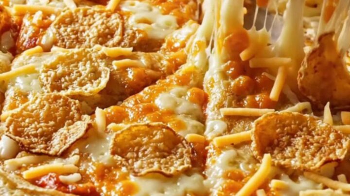 Golden puffy crepe pizza with melted cheese and crispy sucuk slices on a parchment-lined baking sheet.