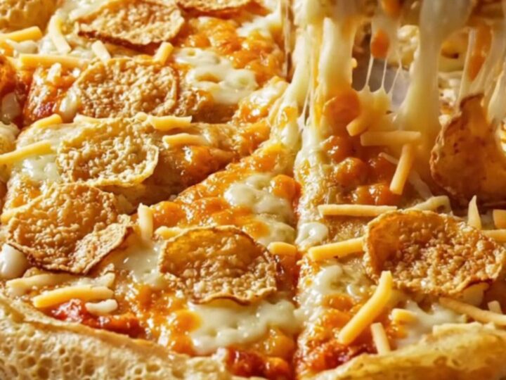 Golden puffy crepe pizza with melted cheese and crispy sucuk slices on a parchment-lined baking sheet.