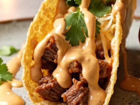 Baked chipotle beef tacos standing in a baking dish, topped with melted cheese and drizzled with crema